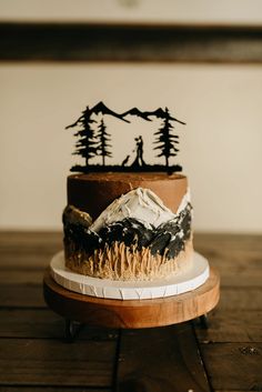 there is a cake with mountains and trees on it