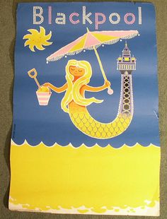 a poster with a mermaid holding an umbrella