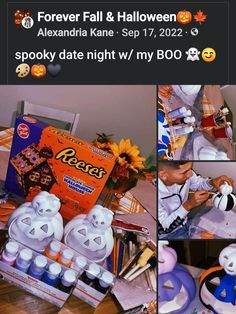 a collage of photos with halloween decorations and items in them, including candy boxes