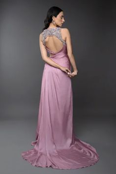 Shop for Anjum Qureshi Pink Satin Hand Embroidered Draped Gown for Women Online at Aza Fashions Fitted Evening Dress With Side Open Design, Fitted Evening Dress With Side Open, Pink Evening Dress With Back Opening For Party, Pink Party Gown With Back Opening, Elegant Side Open Fitted Dress, Elegant Fitted Side Open Dress, Elegant Fitted Dress With Side Open, Sequined Sleeveless Satin Gown, Sleeveless Sequin Satin Gown