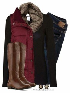 Love the layering and the warm Fall colors. Good on jeans. But maybe the top/vest/scarf/jewelry? Red Vest, Black Milk Clothing, Mode Casual, Looks Style, Fall Winter Outfits, Outfits Casuales, Look Fashion, Autumn Winter Fashion