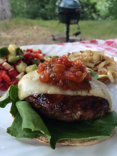 a hamburger with tomato sauce and lettuce on a plate next to some salad