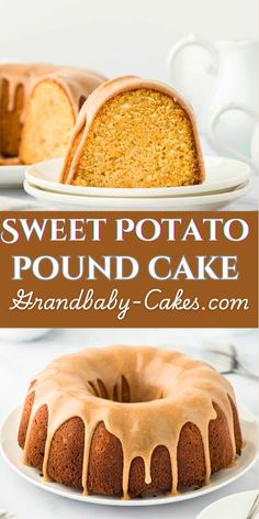 sweet potato pound cake on a white plate with the bundt cake drizzled with icing