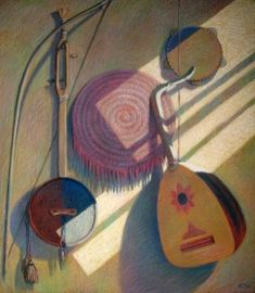 an oil painting of various items hanging from hooks