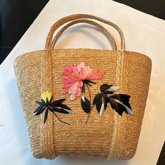 Nwot Straw Handbag Beautiful Floral Ribbon Embroidery Vacation Ready Length Handle To Base 20” Width 17” Depth 12” Beige Embroidered Straw Tote Bag, Embroidered Straw Tote Bag For Travel, Beige Embroidered Straw Bag For Everyday Use, Embroidered Beige Straw Bag For Travel, Brown Embroidered Vacation Bag, Embroidered Brown Vacation Bag, Embroidered Beige Straw Bag For Daily Use, Embroidered Natural Tote Shoulder Bag, Beige Travel Bag With Floral Embroidery