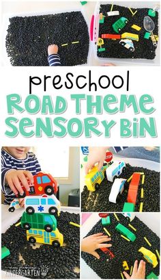 there is a collage of pictures showing the process of making a road theme bin