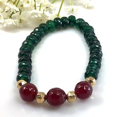 "✦Gemstone: Jade ✦Color: Green and red ✦Shape: Rondelle ✦Length: 5''-9'' ✦Bead Size: Round Bead: 8mm ✦QTY: 1 pcs / package ✦Please measure your wrist size, then order the bracelet. Couples bracelet, Jade bracelets, Jade jewelry, Gemstone bracelet, Long distance relationship, gift for couples, Friends gift, Pray stone. If you like our handmade product, please do not forget to add to our favorites. Thank you! Jade is a symbol of serenity and purity. It signifies wisdom gathered in tranquility. It Green Gemstone Stretch Bracelet Gift, Faceted Round Beads Stretch Bracelet As Gift, Jade Stretch Bracelet With Natural Stones As Gift, Handmade Jade Stretch Bracelet Gift, Elegant Agate Stretch Bracelet Gift, Elegant Green Stretch Bracelet Gift, Green Stretch Bracelet With Natural Stones As Gift, Elegant Faceted Stretch Bracelet As Gift, Red Jade Bracelet As Gift