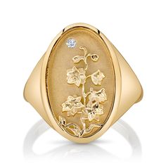 The July Birth Flower Signet Ring features a Larkspur, which symbolizes positivity and an open heart. Shaped like a vintage saint charm with a 1.5mm diamond, this delicate ring is handmade with love in Los Angeles. Heirloom Yellow Gold Jewelry With Birth Flower, Heirloom Yellow Gold Birth Flower Jewelry, Heirloom Birth Flower Jewelry, Heirloom Style Signet Ring With Rose Cut Diamonds, Elegant Signet Ring With Birth Flower For Anniversary, Elegant Yellow Gold Engraved Ring With Birth Flower, Elegant Anniversary Signet Ring With Birth Flower, May Birth Flower, July Birth Flower