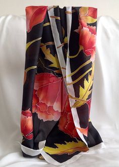 Silk scarf  hand painted Red poppies on black background with Bud Flower, Seed Pod, Pure Silk Scarf, Poppy Flowers, Orange Colour, Flower Bud, Silk Painting, Poppy Flower