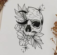 a drawing of a skull with flowers on it's face and stars in the background