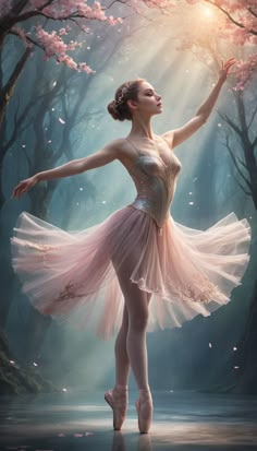 a ballerina in a pink tutu is posing with her arms stretched out to the side