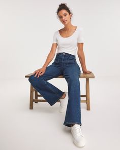 These wide leg jeans are a perfect everyday jean! High waisted and elasticated, these jeans ensure comfort all day. Featuring large utility style pockets for an extra styling detail. Pair with a white tee and trainers for a casual, effortless look. Utility Style, Jd Williams, White Tee, Wide Leg Jeans, Leg Jeans, Wide Leg, High Waisted, Blue, White