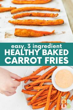 baked carrot fries on a baking sheet with dipping sauce in the middle and text overlay