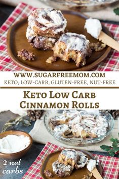 keto low carb cinnamon rolls on a plate with the title above it and below