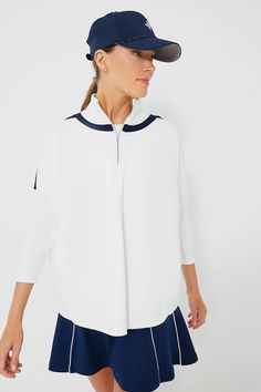 White and Navy Amelie Quarter Zip Sporty V-neck Tennis Dress, Sporty White Tennis Tops, White Stretch Tennis Tops, White Stretch Tops For Tennis, White Sportswear Tops For Tennis, White Tennis Top Sportswear, Legal Outfits, Marathons, Tennis Dress