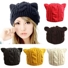 a woman wearing four different knitted hats with bear ears on each one and the other two