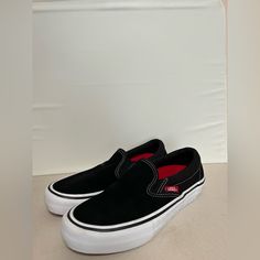 Never Worn, Men’s Black Slip On Shoes Black Slip-on Skate Shoes With Rubber Sole, Black Slip-on Skate Shoes For Streetwear, Black Slip-on Skate Shoes For Skateboarding, Black Slip-on Skate Shoes, Vans Black Sneakers With Cushioned Footbed, Black Vans Sneakers With Cushioned Footbed, Classic Black Slip-on Skate Shoes, Vans Black Skate Shoes With Contrast Sole, Vans Black Slip-on Sneakers