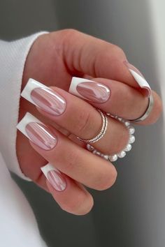 Wife Nails, White Chrome Nails, Engagement Nails, Wrist Corsages, Chrome Nails Designs, French Tip Nail Designs, French Tip Acrylic Nails, French Acrylic Nails, Classy Acrylic Nails