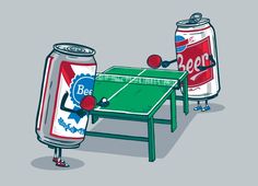 a ping pong table next to two cans of beer