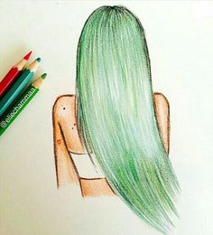 a drawing of a girl with long green hair and two colored pencils next to her