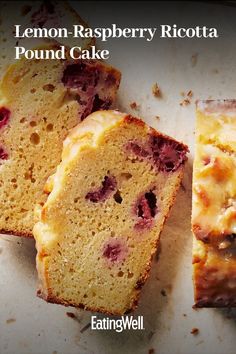 the lemon raspberry ricotta pound cake is sliced and ready to be eaten