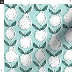 a blue and white wallpaper with pears on it