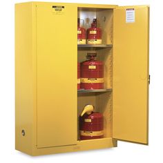 a yellow fire extinguisher with red containers in it