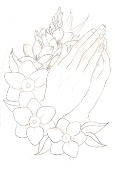 a drawing of hands and flowers on a white background