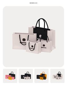 an image of three bags with different colors and designs on the front, two are black, one is white