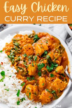 an easy chicken curry recipe with white rice and garnished with cilantro