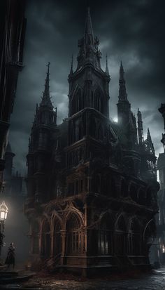 an old gothic building in the middle of a dark city at night with lights on