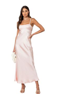 Slinky satin adds to the elegance of a classic sheath with a sultry open back. Back hook-and-eye closure Adjustable straps Straight neck 100% polyester Machine wash, dry flat Imported Elegant Fitted Satin Dress With Boning, Fitted Satin Slip Dress With Boning, Fitted Slip Dress For Formal Occasions, Solid Color Fitted Slip Dress For Formal Occasions, Fitted Solid Color Slip Dress For Formal Occasions, Formal Fitted Solid Color Slip Dress, Glamorous Fitted Satin Finish Slip Dress, Fitted Glamorous Satin Finish Slip Dress, Square Neck Satin Dress For Night Out