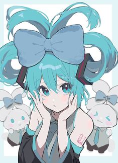 an anime character with blue hair and bows on her head, posing for the camera