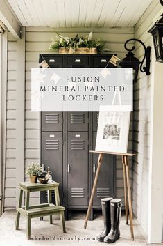 a room with two lockers and a sign that says, fusion mineral painted lockers