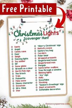 a printable christmas scavenger hunt is shown on a clipboard with the words free printable