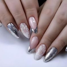 Elegant Christmas Chrome Nails 24Pcs Christmas Press on Nails Medium Almond Fake Nails Silver Glitter False Nails Press Ons With Snowflake Design Pink Nail Tips Stick on Nails Acrylic Nail Kit for Women Christmas Decor #chromenails #christmasnails #holidaynails #christmas #elegantnails #frenchnails #snowflakenails #silverholidaynails Festive Nail Art, Sweater Nails, Nail Swag, Festival Nails, New Year's Nails, Xmas Nails, Christmas Nail Designs, Nail Polishes, Nail Accessories