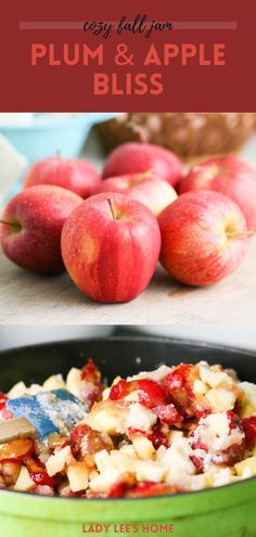 an image of apples and pasta in a green bowl with text overlay that reads easy fall from plum & apple bliss