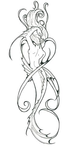 a black and white drawing of a mermaid with swirls on it's tail