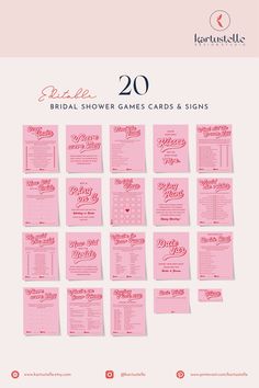 the wedding shower game cards and signs are shown in pink, with white lettering on them