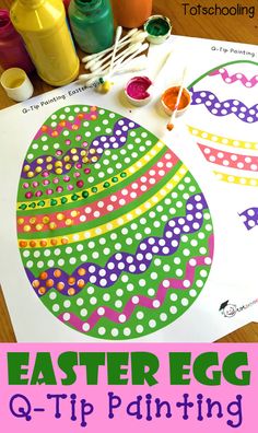 an easter egg craft for kids to make with colored paints and paper straws on the table