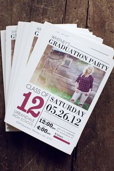 a bunch of papers that are sitting on top of a wooden table with the words graduation party