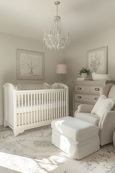 Elegant and cozy baby room with neutral tones, featuring a white crib, comfy nursing chair, chandelier, and nature-inspired artwork. #NurseryInspo #NaturalToneNursery Nursery Unique, Fun Nursery, Ceiling Murals, Unique Nursery