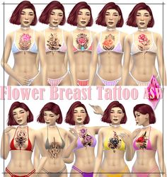 several different types of women in bikinis with tattoos on their chest and chestes