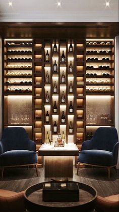 a room with two chairs and a table in front of shelves filled with wine bottles