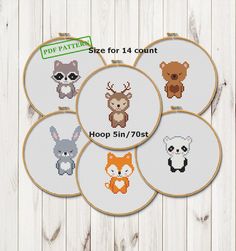 four cross stitch hoops with animals on them and the words hop patterns for each