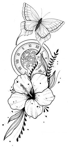 a flower with a butterfly on it and a clock in the middle, surrounded by butterflies