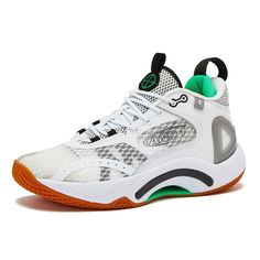 a white and green sneaker with an orange sole