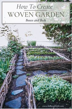 a garden with plants growing in it and the words how to create woven garden boxes and beds