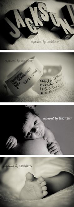 three different baby pictures with the names of their babies and name tags in black and white