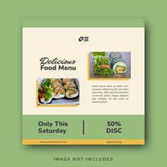 a green and yellow restaurant menu with sushi rolls on the front, and an image of